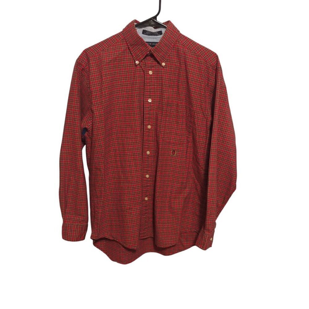 Tommy Hilfiger Men's Button Down Red Plaid Crest Oxford Shirt Size Medium